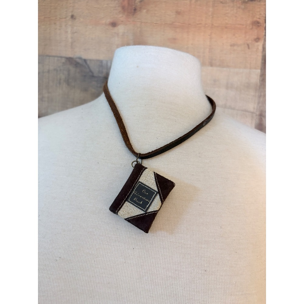 Our Adventure Book Miniature Journal Pendant Necklace Brown Suede Burlap